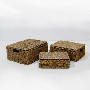 Brown <b>Rectangular</b> Sedge <b>Storage</b> <b>Baskets</b> with Lids and Handles Stackable Nesting Design Nordic Style Multi-Purpose Organizers - Product Image 6