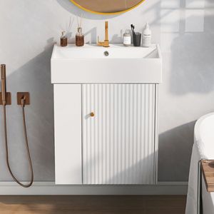 Mobile Bagno Moderno Sospeso da 21,6 Pollici con Lavabo in Ceramica e Vano Portaoggetti a Sinistra per Bagni Piccoli - Product Image 3