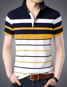 เสื้อโปโลผู้ชายสไตล์ลำลองทันสมัย ผลิตจากผ้าฝ้ายเนื้อนุ่ม ดีไซน์ลายทางทันสมัย - Product Image 2