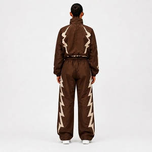 Survêtement unisexe marron à imprimé géométrique, fermeture éclair intégrale, col montant, coupe classique, streetwear, printemps, 100 % nylon, coupe-vent - Product Image 2