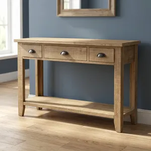 Console moderne en bois massif à 3 tiroirs avec étagère inférieure ouverte et finition naturelle écologique pour salon - Product Image 3