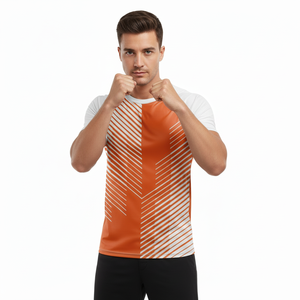 T-shirt pour homme à manches raglan à imprimé géométrique orange, coupe ajustée, sportif, col rond, manches courtes, en polyester tricoté, séchage rapide - Product Image 3