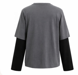 T-shirt personnalisé pour homme, style streetwear délavé à l'acide, double couche, manches longues, couleur unie, 100% coton, tricoté - Product Image 6