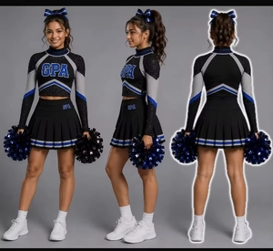 Ensemble d'uniformes de cheerleading personnalisés en polyester, robe sans manches à col en V, logo imprimé par transfert thermique, contraste noir et bleu - Product Image 2