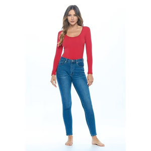 Maillot de bain une pièce pour femme, col rond, manches longues, couleur unie, coupe haute, bas string extensible, vêtements de plage anti-UV - Product Image 3