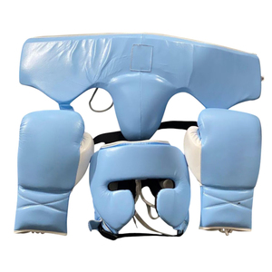 Conjuntos de equipo de boxeo azul claro y blanco con logotipo personalizado, guantes de boxeo profesionales, protector de cabeza, protector de ingle, ropa de protección para entrenamiento de MMA - Product Image 1