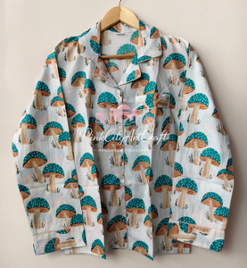 Handmade 100% Cotton Summer Mushroom Print Women's Full-Sleeve Button-<b>Down</b> Pajama Set Quick Dry Breathable Fabric Elastic Waist - Product Image 5