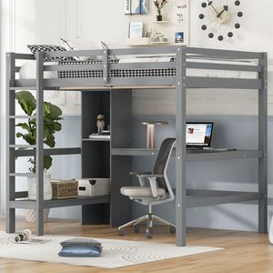 Full Size Gray Loft <b>Bed</b> with Multifunction Shelves and <b>Underbed</b> Desk for Small Spaces - Product Image 1