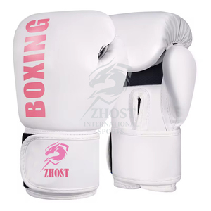 Gants de boxe en cuir blanc avec logo rose personnalisé, sangle de poignet à boucle pour l'entraînement - Product Image 1