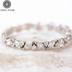 Charm_Jewells Women's 925 <b>Silver</b> Moissanite <b>Eternity</b> Band <b>Ring</b> Marquise Cut Flower Design Classic Style Wedding <b>Ring</b> - Product Image 5