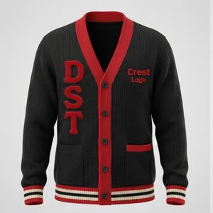 Cardigan en tricot contrasté noir et rouge, acrylique crimson 913, cardigan universitaire, cardigan Varsity noir à col en V DST - Product Image 6