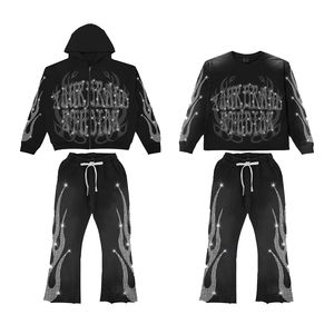 Ensemble sweat à capuche zippé et pantalon de survêtement oversize pour homme, avec strass personnalisés, coupe courte, effet vieilli, idéal pour l'hiver - Product Image 3