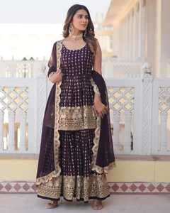 Premium Winter Fancy Gharara Salwar Kameez Set 5mm Bordado Faux Georgette Flared Plazzo Butter Crepe Vestido con forro interior - Product Image 6