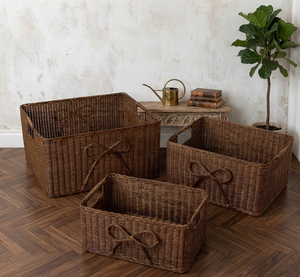 [Handmade] Dark Brown Woven Rattan <b>Basket</b> with Bow Detail - <b>Rectangular</b> <b>Storage</b> Bin for Home Decor - Product Image 1