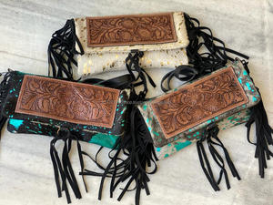 New Arrival Western Real Handmade Hair on Fur Tooled <b>Leather</b> Fringe Sling Bag Stylish Women Concealed Carry Casual Crossbody Bag - Product Image 4