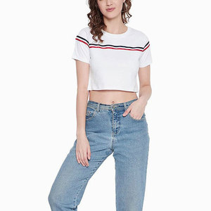 Camiseta Corta Blanca para Mujer, Cuello Redondo, Manga Corta, Tejido a Rayas, Estilo Casual, Primavera Verano, Corte Regular - Product Image 3