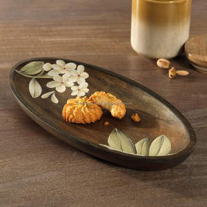 Premium Oval Mango Wood Bowl with Floral Enamel Print - Handcrafted <b>Wooden</b> Serving Bowl for Kitchen Dining - Product Image 5