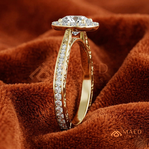 Gold Plated Round Cut Halo Engagement <b>Ring</b> Women Vintage Engraved Split Shank American Diamond <b>CZ</b> Wedding <b>Ring</b> - Product Image 2