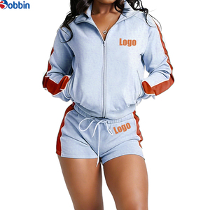 Ensembles de survêtements courts d'été Hip Hop pour femmes, 2 pièces, veste à fermeture éclair et shorts, 100% coton respirant, séchage rapide, écologiques, manches longues - Product Image 2