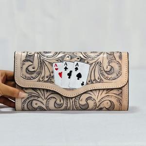 Cartera Larga de Cuero Genuino Hecha a Mano para Mujer, con Patrón de Letras, Estilo Vintage, Cierre Abierto, Portátil, Gran Capacidad, para Uso Diario - Product Image 1