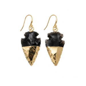 Boucles d'oreilles fantaisie plaquées or de haute qualité, avec pointe de flèche en obsidienne noire, pierre précieuse et cristal d'obsidienne noire, idéales pour cadeaux - Product Image 1