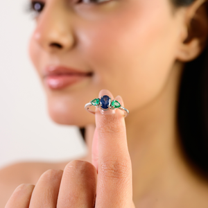 Classy Three Stone Natural Oval Blue Sapphire & Pear Shape <b>Emerald</b> 925 Sterling <b>Silver</b> <b>Ring</b> for Women Wholesale Fine Jewelry - Product Image 2