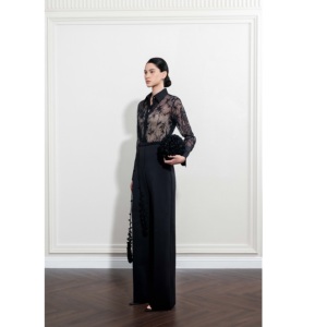 Pantalon large élégant en gros ODM ELYN WIDE-LEG PANTS, style minimaliste taille haute avec fermeture éclair latérale pour femme - Product Image 5