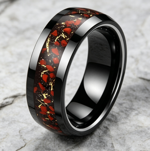 Bague en carbure de tungstène avec incrustation d'os de dinosaure et de feuille d'or, alliance biseautée pour femmes et hommes, bijoux de luxe anciens en gros - Product Image 1