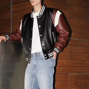 Veste universitaire en PU noire et marron pour homme, col rabattu, boutonnée, style décontracté, pour l'automne - Product Image 6