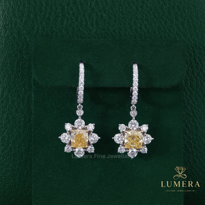 Glamorous Fancy Yellow Cushion <b>Diamond</b> Cluster <b>Earrings</b>, Sunflower Halo <b>Dangle</b> Design With Round Pave <b>Diamond</b> Girls <b>Earrings</b> - Product Image 1