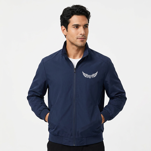 Men's Navy Blue Fleece <b>Jacket</b> Zipper Stand Collar Casual Windproof Autumn Wear Regular Fit Solid Color - Product Image 3