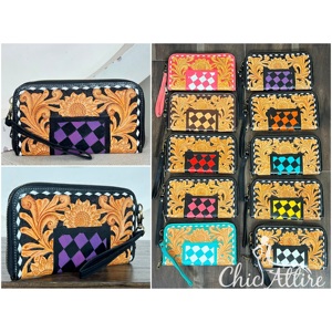 Wholesale Handcrafted Genuine Tooled Leather Sunflower Checkered Design Stylish Mini Purse Cash Card Holder Wallet Daily Use - Product Image 1