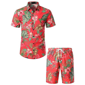 เสื้อเชิ้ตและกางเกงขาสั้นลายพิมพ์สำหรับผู้ชาย ผ้าฝ้าย 100% สไตล์ลำลองสำหรับฤดูร้อน วันหยุดพักผ่อน ชายหาด ลายดอกไม้แบบฮาวาย - Product Image 1