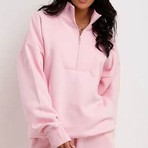 Ensemble de survêtement rose pour femme, demi-zip, manches longues, coupe ample, couleur unie, décontracté, pour l'automne, avec poches latérales - Product Image 6