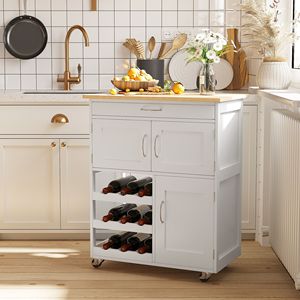 Carrello da Cucina Moderno Bianco con Isola, Cassetti Contenitori, Portabottiglie da 9 Posti, Armadietti con Ante e Piano in Legno di Pino, Isola da Cucina Mobile con Ruote - Product Image 2