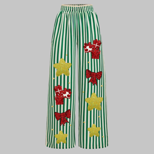 Green Striped High Quality Autumn Fashionable Loose Casual Trousers Pleated Sequined Embroidery Design Wide Leg <b>Pants</b> for Womens - Product Image 1