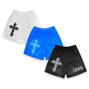 Shorts de basketball décontractés pour hommes, 100% polyester, coupe confortable, streetwear, 6 pouces, avec logo personnalisé, imprimé croisé, en maille unie - Product Image 1