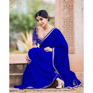 DESIGNER GEORGETTE BRODERIE TRAVAIL SAREE avec BLOUSE NON COUCHÉE BLEU pour ADULTES - Product Image 1