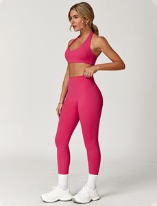 Conjunto de Yoga sin Costuras de 2 Piezas, Top Corto de Cintura Alta y Leggings Largos, Color Sólido, Espalda Cruzada, Ropa Deportiva para Mujer - Product Image 2