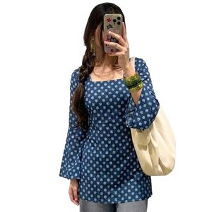 Kurti corto estampado de mezcla de viscosa para mujer, corte recto, informal, estilo étnico, cuello cuadrado, manga larga, Kurta para oficina y universidad - Product Image 1