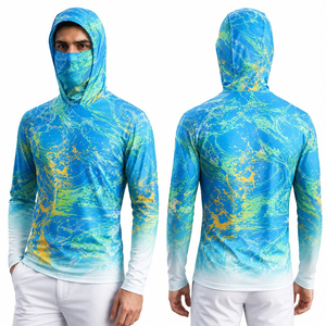 Wholesale Men's Sublimation Printed Long Sleeve Fishing Hoodie UPF 50 Anti-Uv Quick Dry Blue Green Pattern Pullover Shirt - Product Image 5