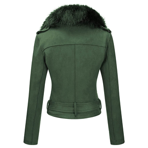 Veste moto en similicuir vert pour femme avec col en fourrure de renard, fermeture éclair, manches longues, style hiver, en cuir de vache véritable pour femme - Product Image 2