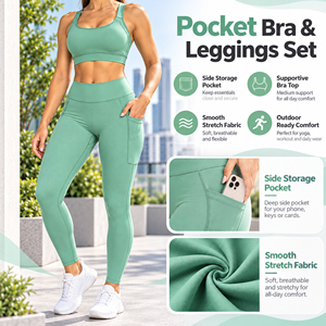 Wide Strap Scoop Neck Sports Bra <b>Side</b> Phone <b>Pocket</b> <b>Leggings</b> Ladies Yoga Set Jogging Athletic Suit Private Label - Product Image 6