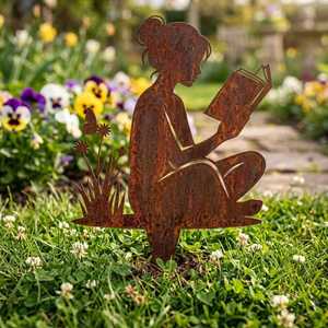 Décoration de jardin en métal en forme d'animal, Fille lisant un livre, résistante aux intempéries, pour usage extérieur - Product Image 1