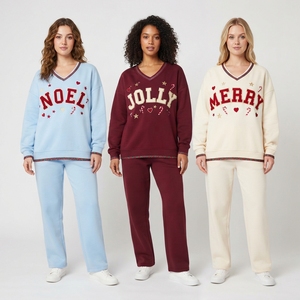 <b>Women's</b> V Neck Fleece Sweatshirt And Long <b>Pants</b> 2 Piece Set Christmas Letter Print Holiday <b>Lounge</b> Outfit - Product Image 3
