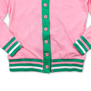Cardigan en tricot contrastant rose et vert Sorority Alpha K Alpha, col en V, broderie de lettres grecques, pour femmes, 100% coton, vêtements d'hiver - Product Image 5