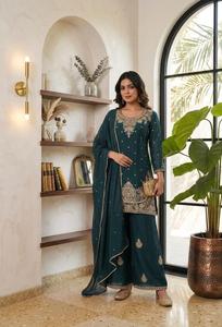 Ensemble Kurti Salwar indien pakistanais brodé, vert, trois pièces, pour mariage, fête, femmes - Product Image 4