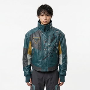 Chaqueta de Cuero Genuino para Hombre en Color Verde Azulado Oscuro, con Cuello Alto, Bordado Gráfico de Ojos y Parches, Estilo Motero - Product Image 1