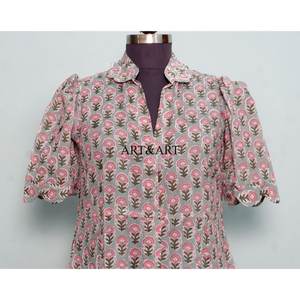 Robe élégante en coton pour femme, style bohème, faite à la main, vintage, tenue d'été florale, tenue de jour, manches courtes, mi-longue, douce, naturelle, décontractée - Product Image 2