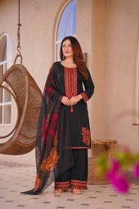 Conjunto de traje pakistaní negro, salwar kameez bordado, kurta, palazzo, dupatta estampada, ropa formal para mujer - Product Image 3